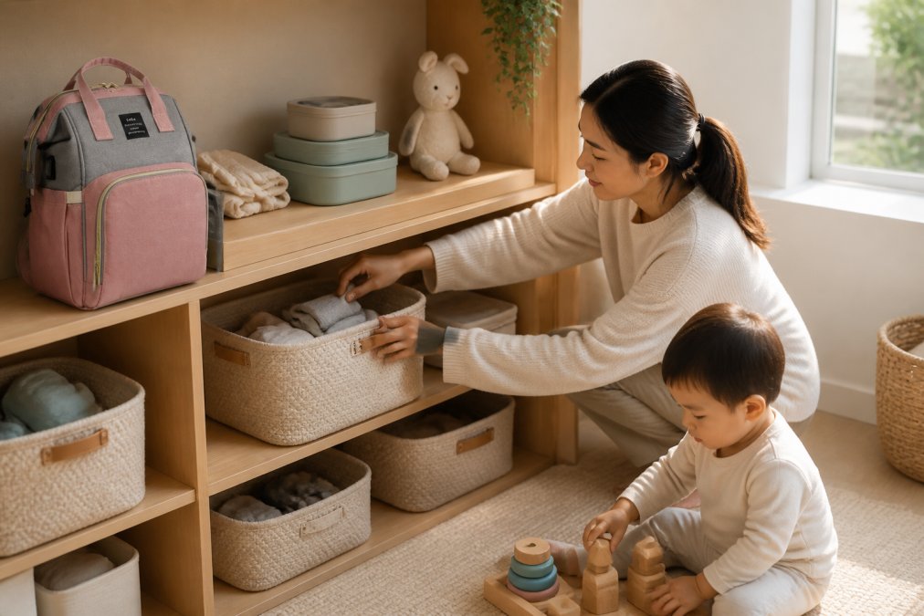 Parent organizing baby gear into labeled woven storage baskets on open wooden shelving, with a child nearby playing with a few wooden toys, soft natural light streaming through a window, showing clean shelving and organized silicone storage containers