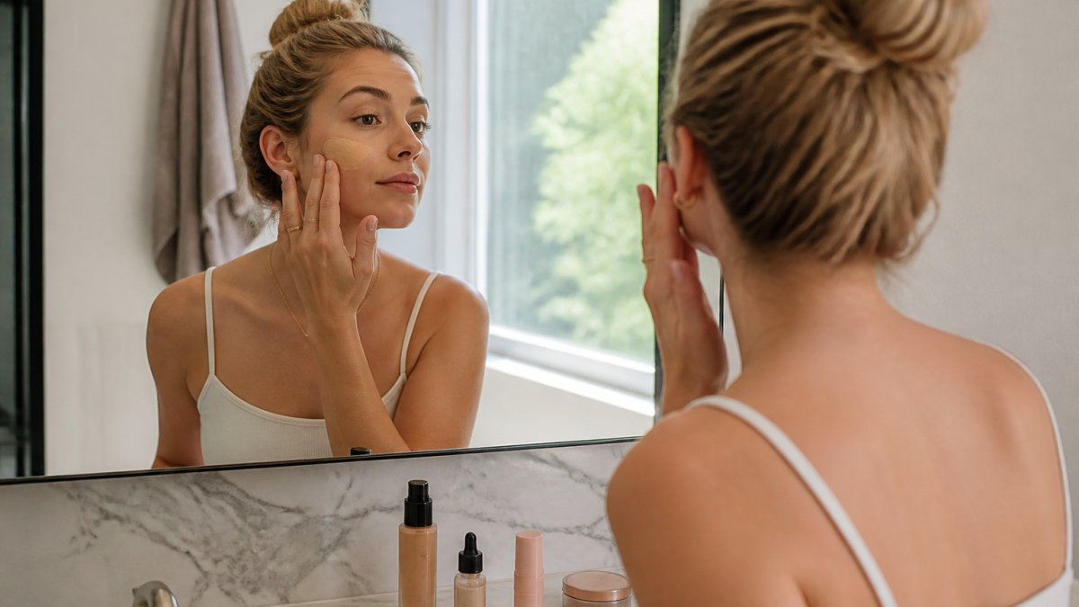 Woman applying tinted moisturizer in a mirror for a fast morning routine
