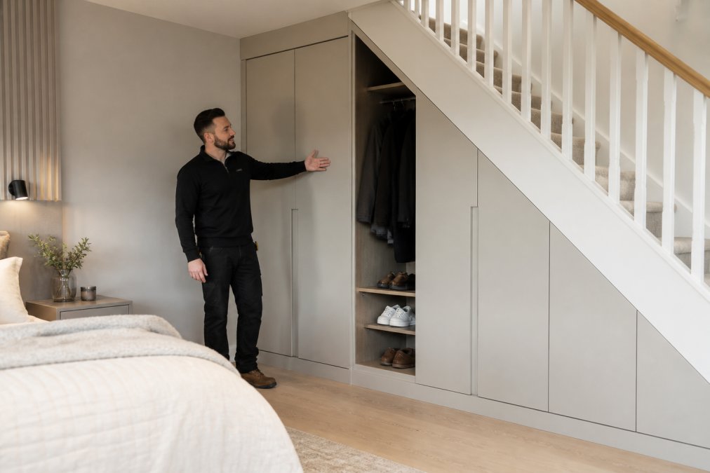Professional demonstrating custom fitted wardrobe installation in a modern bedroom with understairs alcove, showing how tailored storage maximizes an otherwise unusable space while maintaining a clean, minimalist aesthetic