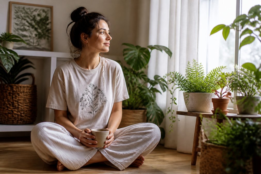 A person in a soft neutral botanical graphic tee sitting cross-legged on a wooden floor near a window surrounded by indoor plants, holding a warm mug in both hands, soft natural morning light filtering through sheer curtains