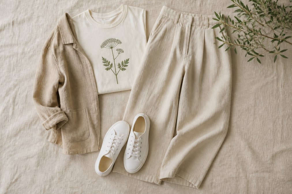 Flat lay of a neatly arranged capsule wardrobe outfit on a neutral linen surface: a minimalist botanical graphic tee, relaxed wide-leg trousers in oatmeal, a light unstructured linen jacket, and simple white canvas shoes arranged in a deliberate composition, soft natural daylight