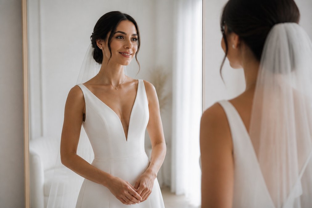 A bride in a sleek, modern wedding dress with a simple veil, wearing only delicate stud earrings and a thin necklace, looking at her reflection in a bright, minimal dressing room