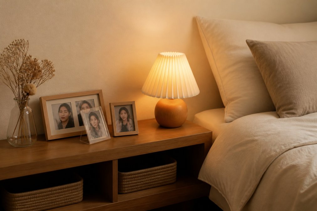 A guide to minimalist bts home decor ideas featuring a cozy bedroom shelf setup with photocards and dried flowers.