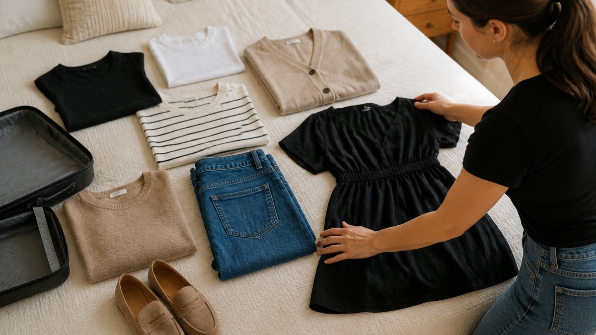 A woman laying out a compact travel capsule wardrobe flat on a bed: neutral tops, jeans, a dress, a cardigan, and a pair of suede loafers arranged in a tidy grid, with a carry-on suitcase open nearby