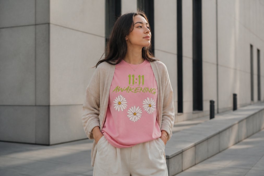 Person wearing oversized vintage-washed celestial tee layered under a neutral linen cardigan, standing in an urban setting with minimalist architecture in background, demonstrating effortless layering with minimal silver jewelry