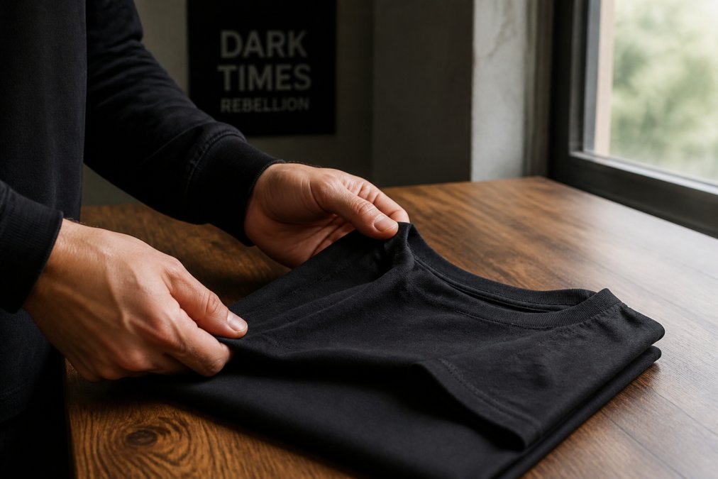 Hands folding a heavy cotton t-shirt on a wooden table to demonstrate quality fabric texture and stitching.