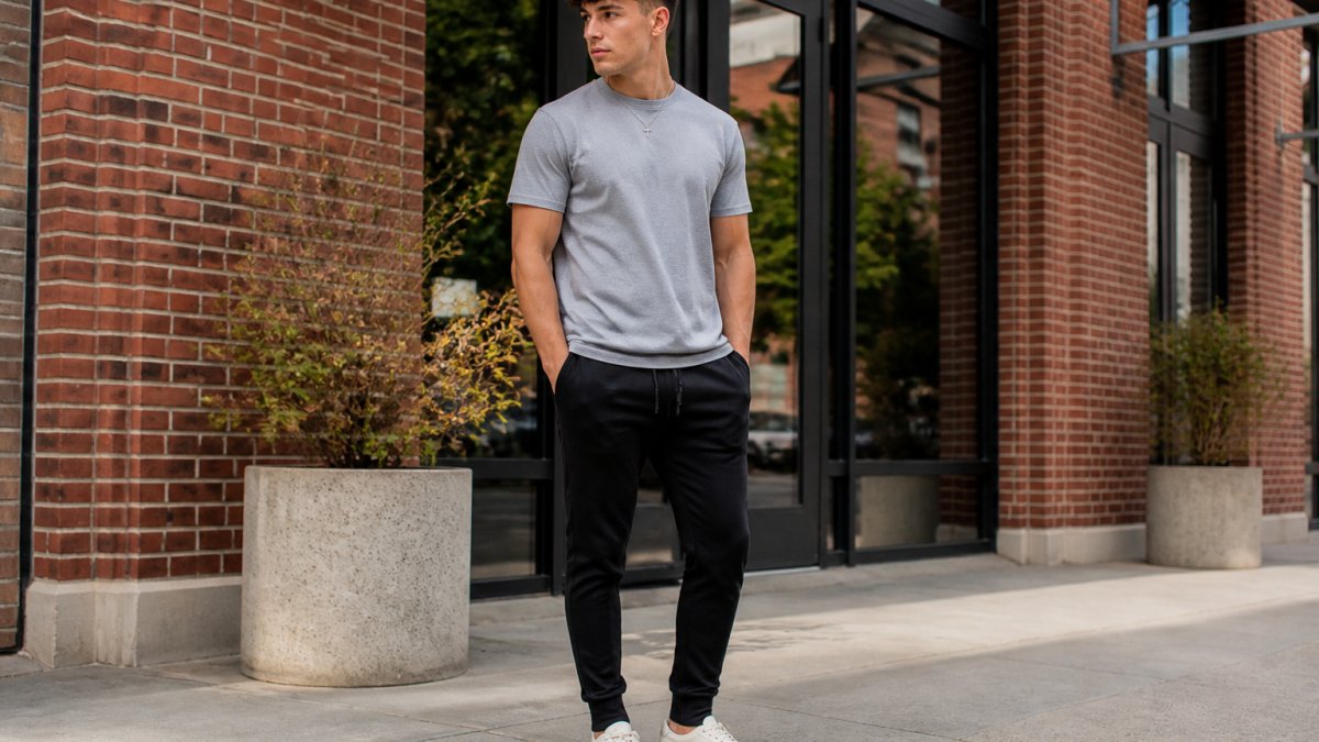 Young man wearing minimalist Christian graphic tee in neutral gray with tailored black joggers and white canvas sneakers, standing in natural daylight in front of urban brick building
