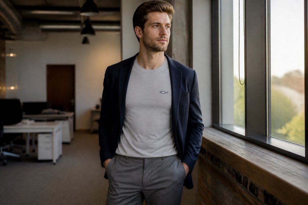 Young adult professional wearing a minimalist Christian fitted tee styled with tailored trousers and a blazer, standing in natural office lighting
