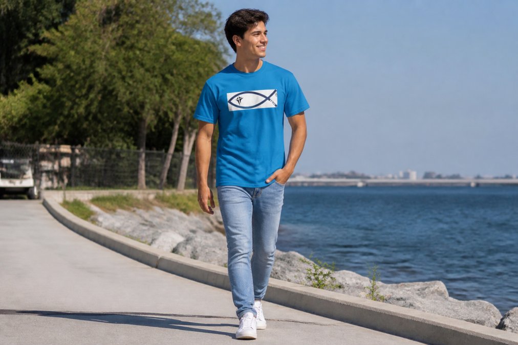 Young adult wearing a minimalist Christian graphic tee styled casually with fitted jeans and white sneakers, standing in natural daylight outdoors