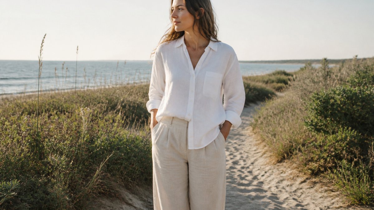 Woman wearing cream linen button-down shirt and neutral linen trousers standing on sandy beach path with coastal vegetation, soft morning light