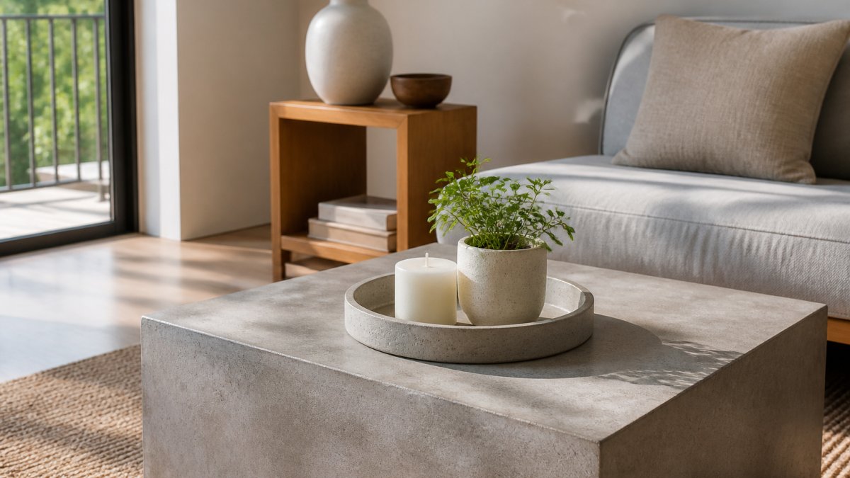 Diagram illustrating the spatial benefits of using minimalist concrete furniture in small living rooms