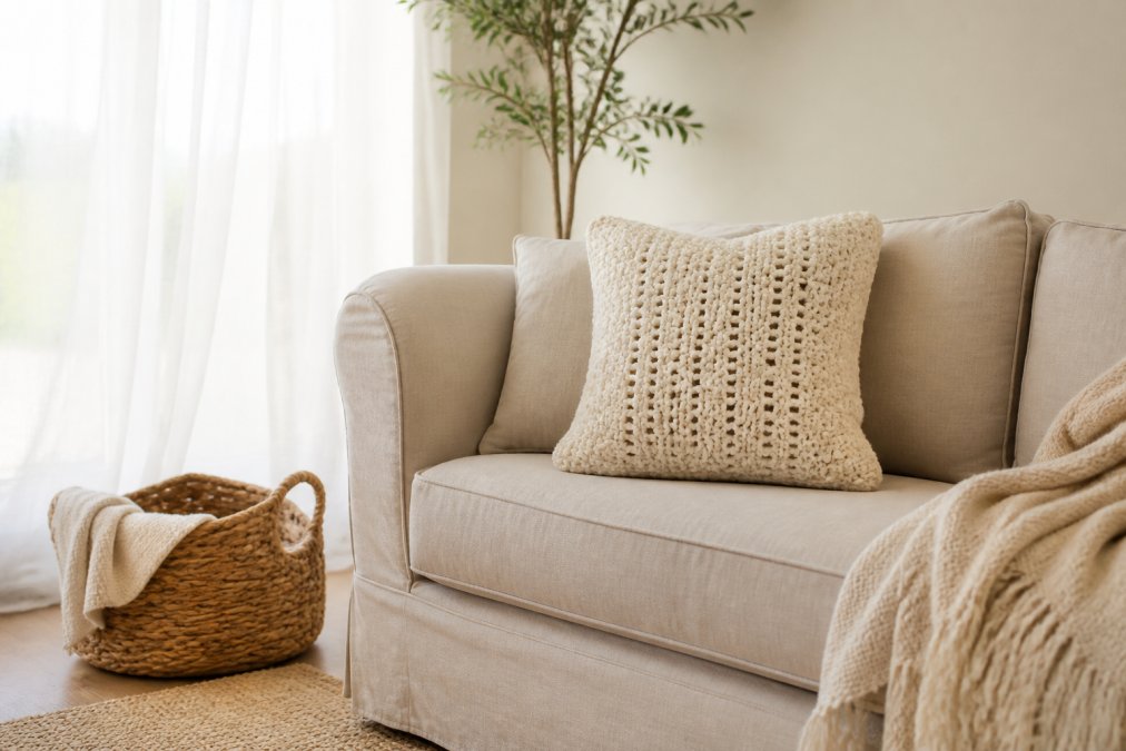 Bright minimalist living room with a cream crochet throw pillow on a linen sofa, a woven basket on the floor, and soft natural light through sheer curtains