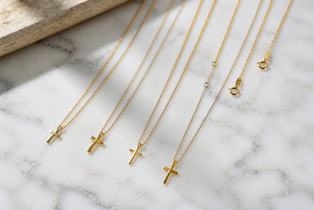 Close-up of several delicate gold cross necklaces with different chain lengths laid flat on a white marble surface, natural overhead light highlighting the pendant detail and spring clasp mechanisms