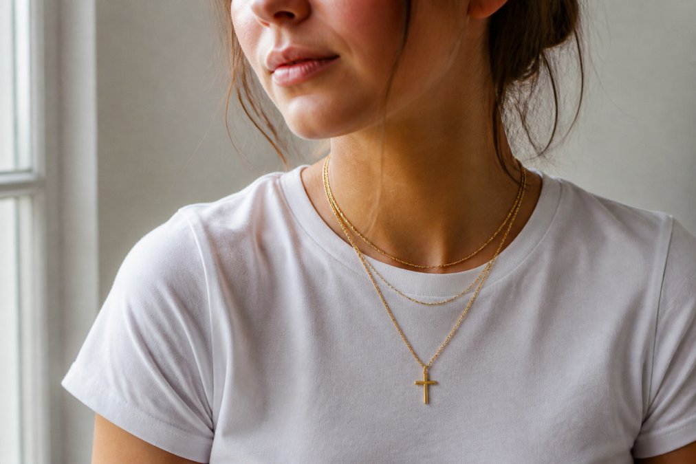 Young woman wearing a dainty gold cross necklace layered with two thin chain necklaces over a simple white crew-neck top, photographed from the collarbone up in soft natural window light