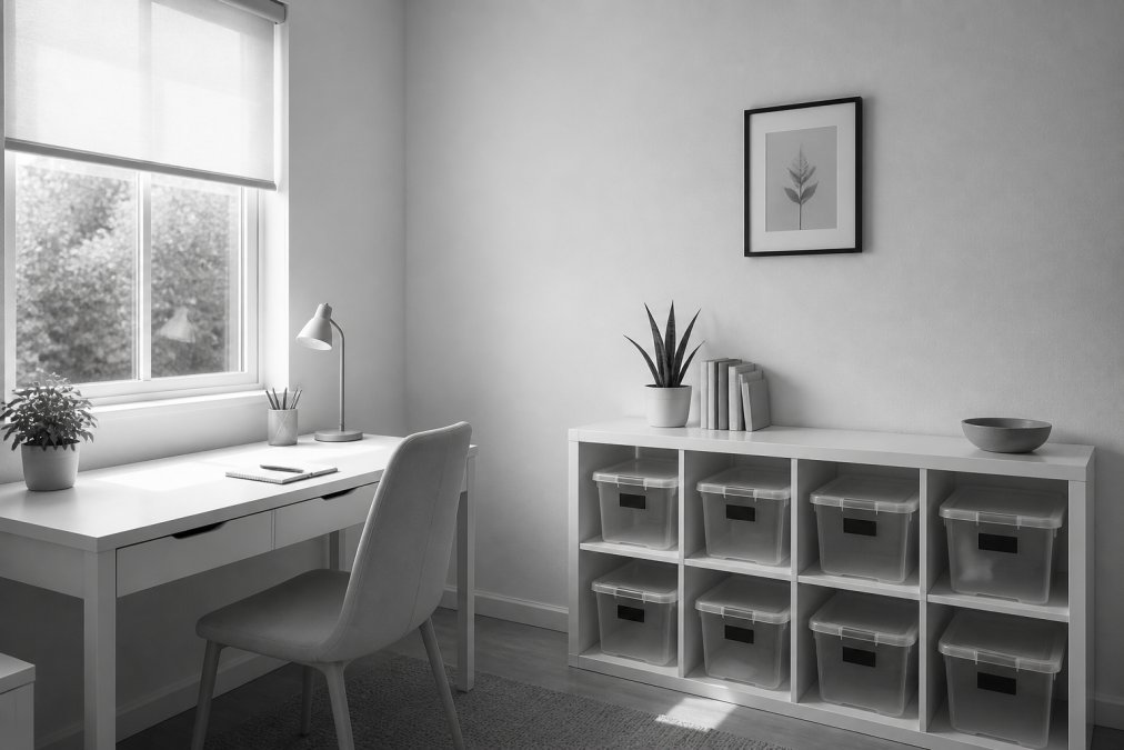 A calm home office with minimalist decor ADHD friendly storage and sunlight.