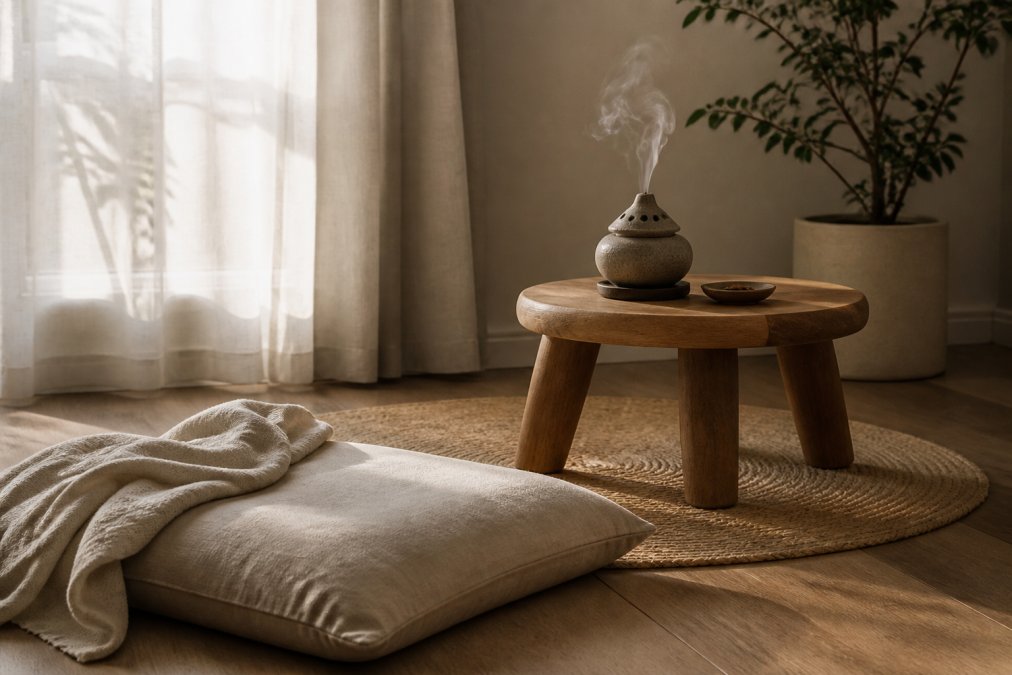 Serene minimalist decor corner with a wooden stool, incense burner, and soft linen textiles under natural light.