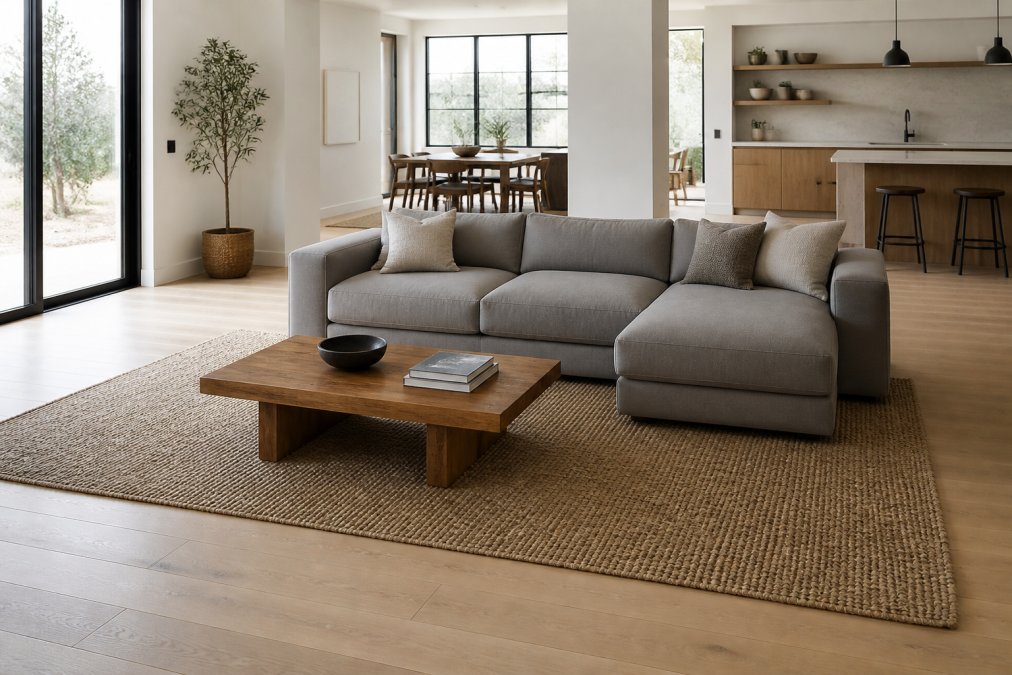 A bright, airy open concept living area with a large neutral jute area rug defining the seating zone, featuring a low-profile gray sofa and a wooden coffee table with clean lines