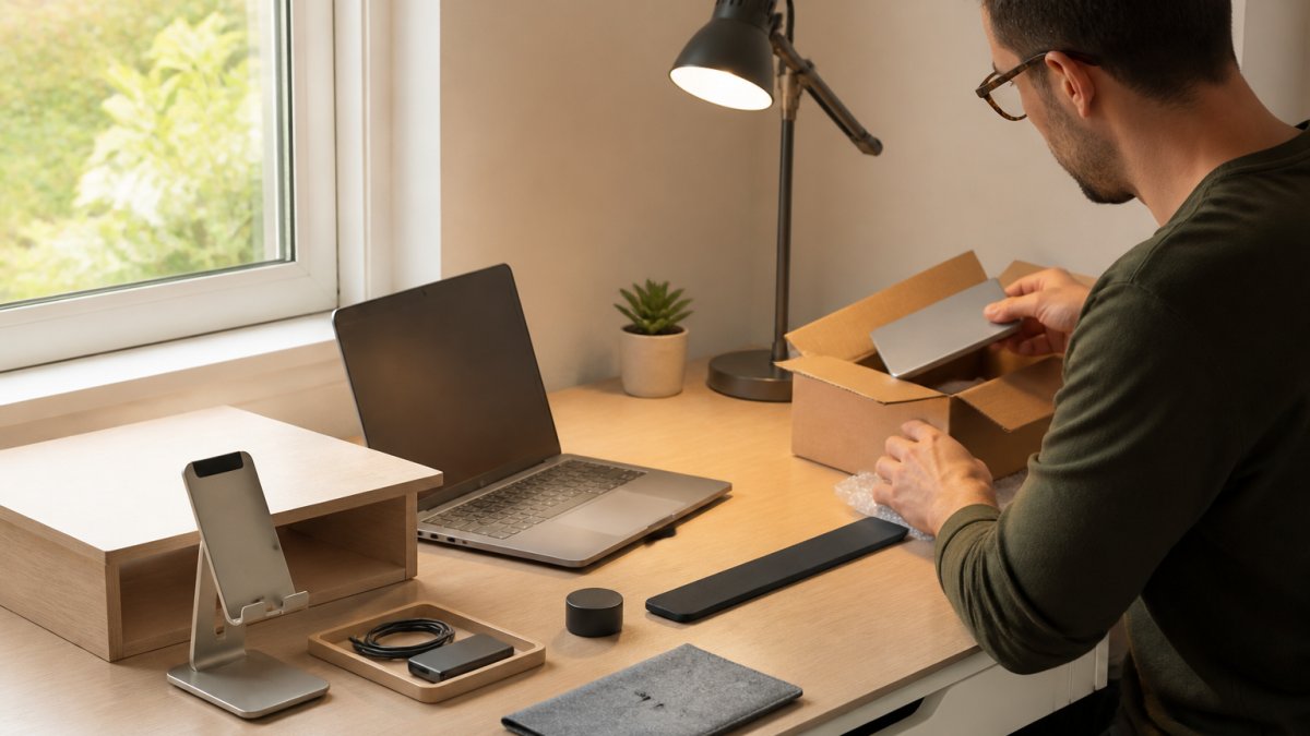 Professional working at a clean minimalist desk with a laptop, metal phone stand, desk lamp with warm lighting, and minimal accessories on a light wood surface, morning natural light streaming through the window