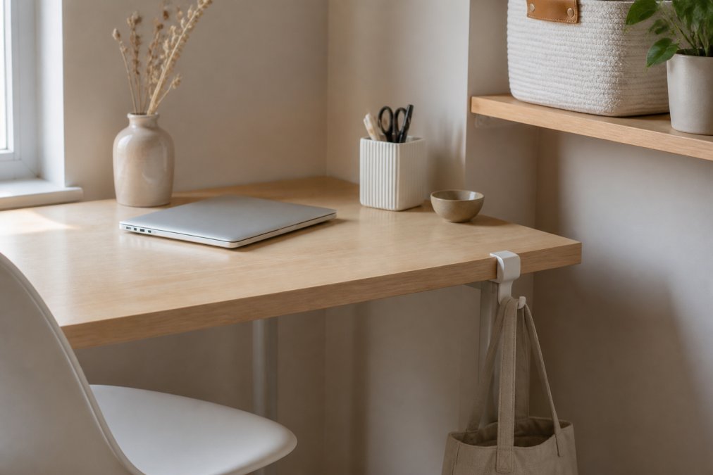 A small home office corner with a light wood desk, a slim laptop, a hanging bag hook on the desk edge, a white storage basket on a shelf, and a single ceramic vase with dried stems, shot in soft natural window light