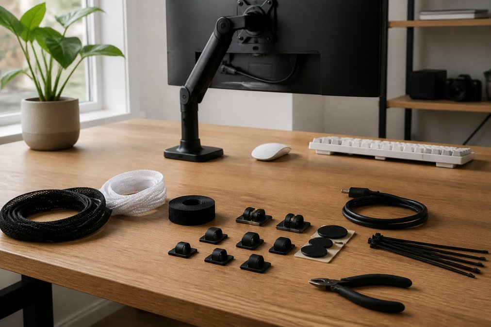 Minimalist home office setup with organized cables routed behind desk, monitor arm, wireless peripherals, and cable management sleeves in neutral tones with natural window lighting
