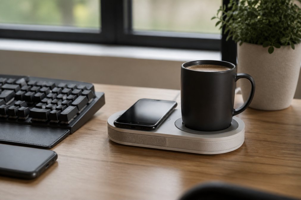 2-in-1 wireless charger and mug warmer on a tidy minimalist desk setup with a keyboard and plant