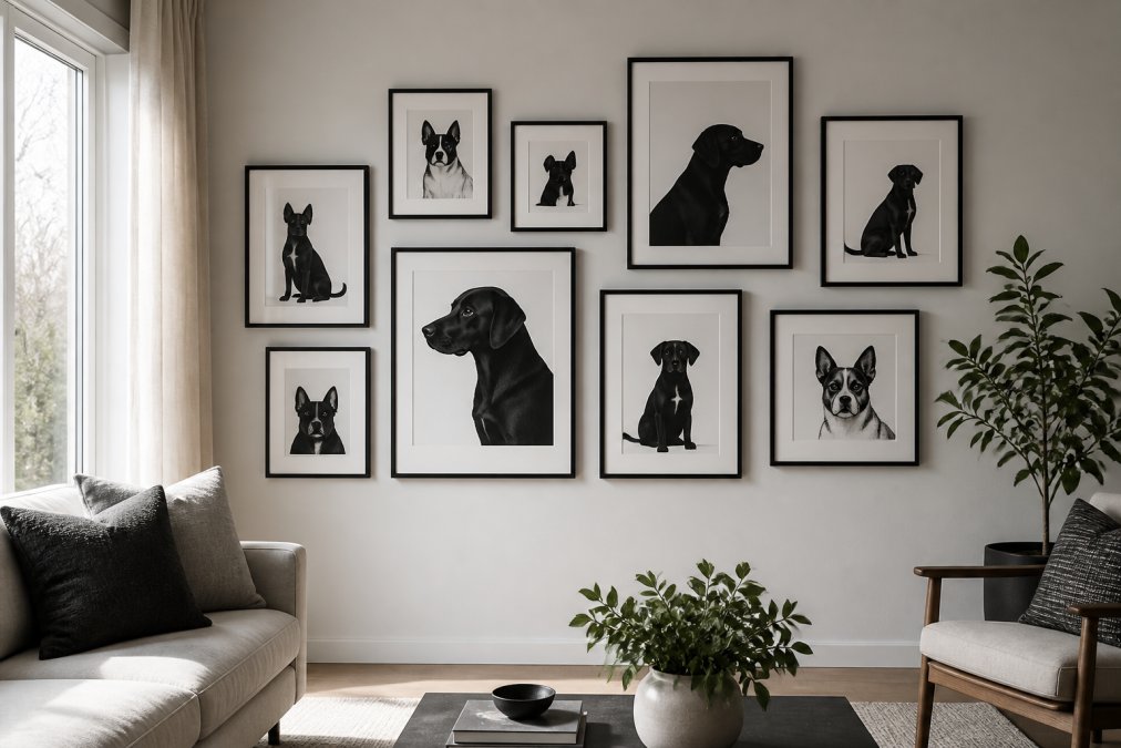 Living room wall featuring a curated gallery of minimalist dog art prints in black and white frames, arranged in an asymmetrical grid pattern with varying frame sizes and spacing, natural daylight from nearby window illuminating the arrangement
