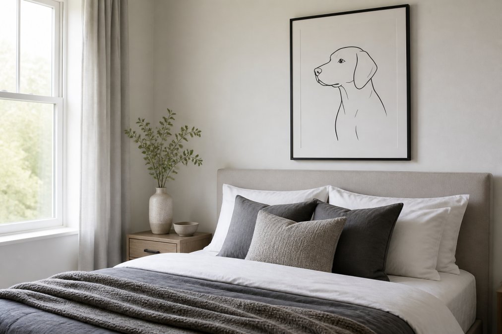 Bright modern bedroom with a single large minimalist dog line art print positioned above the bed headboard, paired with neutral bedding in whites and greys, soft natural lighting streaming from a nearby window, creating a calm, curated aesthetic