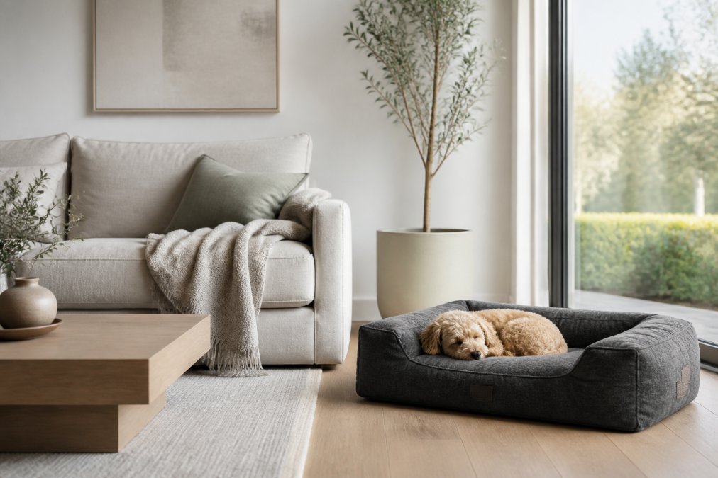 A bright, neutral living room with a low linen sofa, a charcoal dog bed beside it, and a small dog curled up, soft daylight through a large window