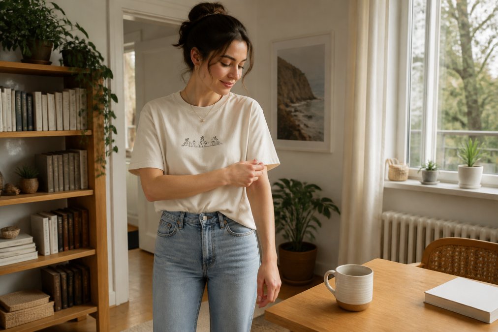 Infographic showing styling tips for fan made bts shirts with a woman in a minimalist cream tee and jeans