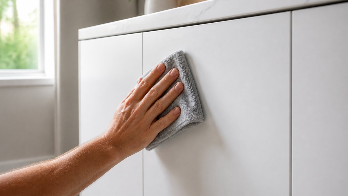 Hand wiping a smooth white slab cabinet door with a microfiber cloth in a bright modern kitchen