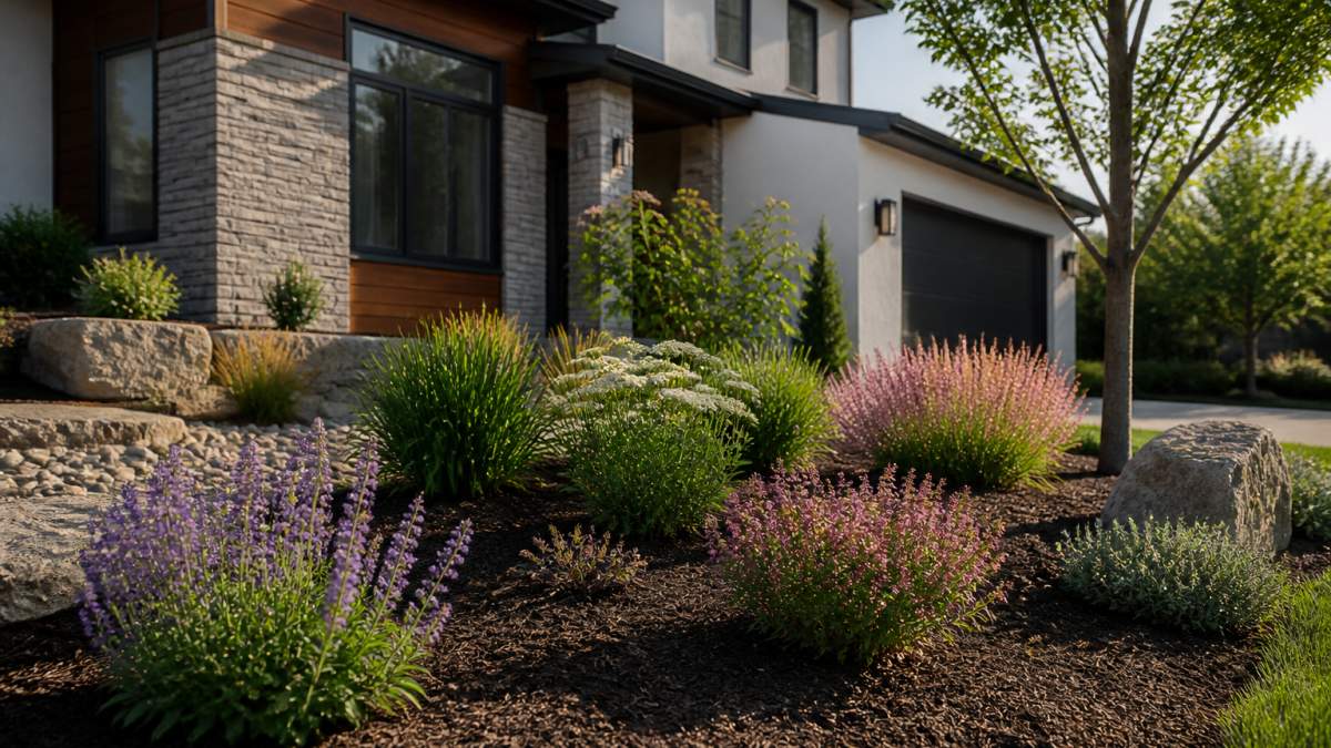 Residential front yard featuring minimalist garden design with clean mulched beds, native plantings, open space, and modern home facade with natural afternoon lighting
