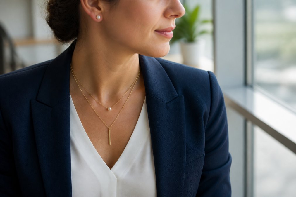 Close-up of a woman's neckline wearing two layered minimalist gold necklaces of different lengths and small pearl stud earrings, dressed in a smart navy blazer in a bright modern office with natural light coming from a window
