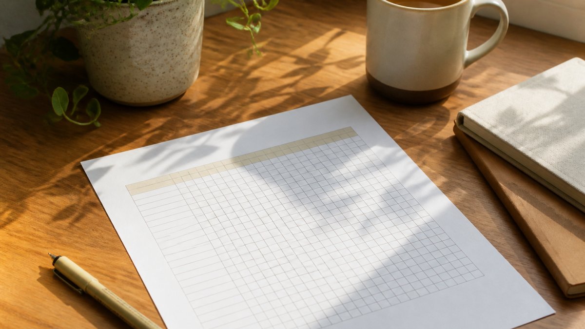 A calm wooden desk with a printed habit tracker sheet, a fine-liner pen, a small potted plant, and a mug of tea in soft morning light