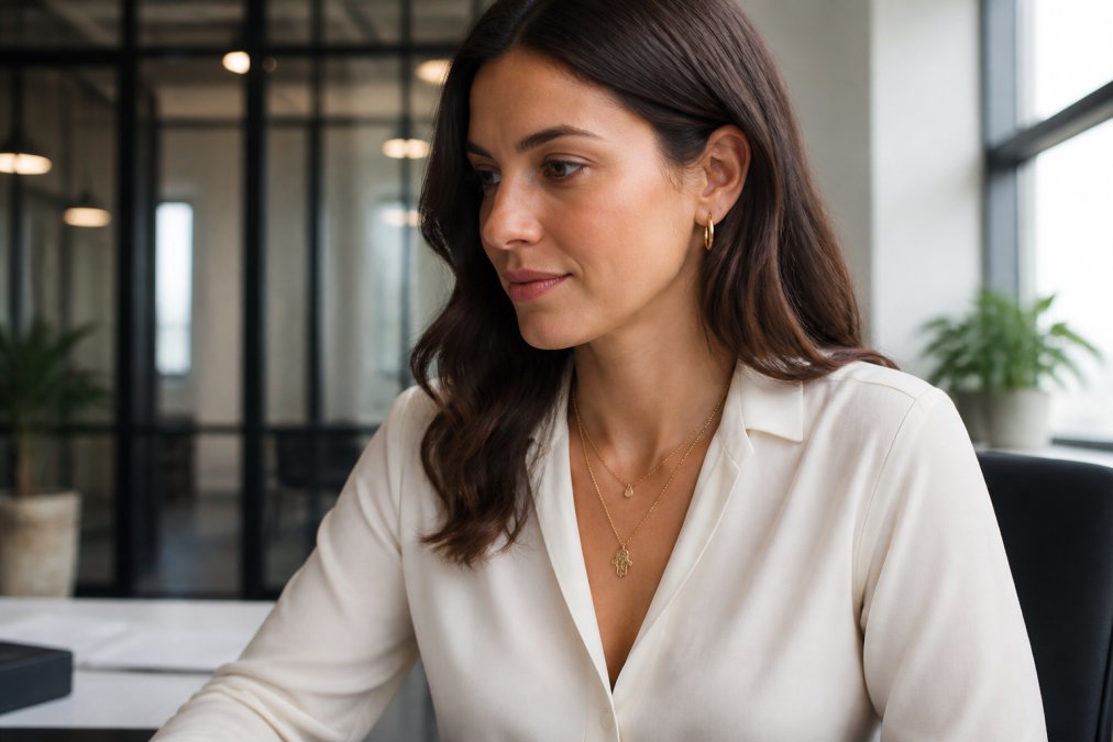 Professional woman wearing a delicate gold-plated hamsa necklace layered with a minimalist pendant, styled with business casual attire including a cream-colored blouse in a modern office environment with natural window lighting