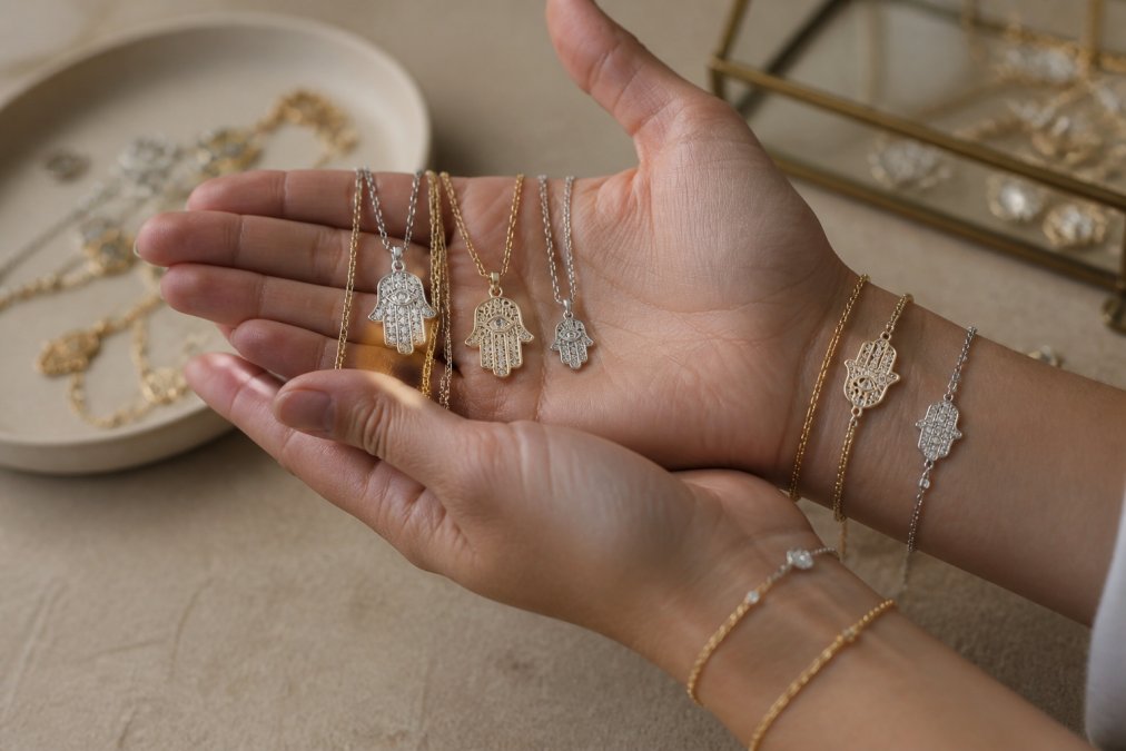Close-up of hands displaying multiple minimalist hamsa bracelets and necklaces in sterling silver and gold-plated finishes, showing delicate texture and artisanal craftsmanship detail with natural lighting