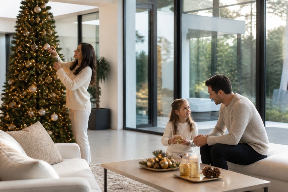 Modern living room with floor-to-ceiling windows, minimal white and warm gold holiday decorations, understated greenery, and soft ambient lighting highlighting clean architectural lines