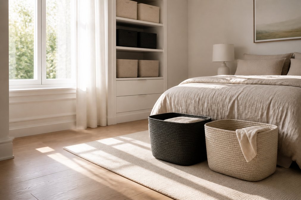 Serene bedroom with minimal furnishings, soft neutral tones, organized storage bins in carbon and stone colors, and natural light streaming through a window onto a calm, uncluttered floor