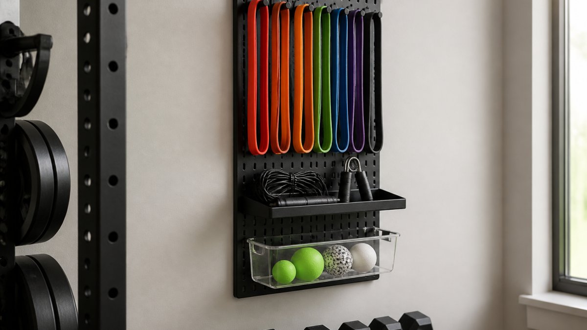 Minimalist wall-mounted pegboard with resistance bands hanging by color, a small shelf holding jump rope and hand grips, and a clear bin with lacrosse balls, all neatly organized in a home gym corner