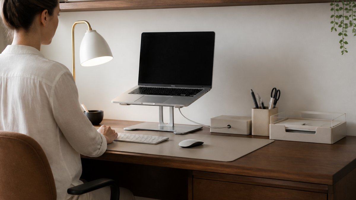 Professional working at a clean minimalist home office desk with a laptop on an ergonomic stand, neutral-colored organizers, cable management system, and warm task lighting creating a calm, organized workspace