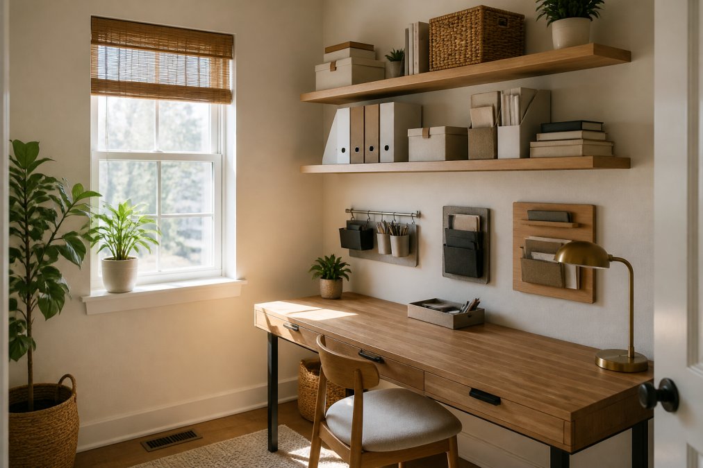 Minimalist home office workspace with floating shelves displaying organized items, clear desk surface, wall-mounted storage systems, and natural morning light streaming through a window