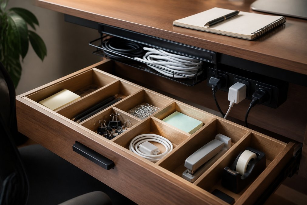 Close-up of organized desk workspace with labeled drawer dividers, neatly coiled cables in cable tray, hidden power strip management, and compartmentalized storage system
