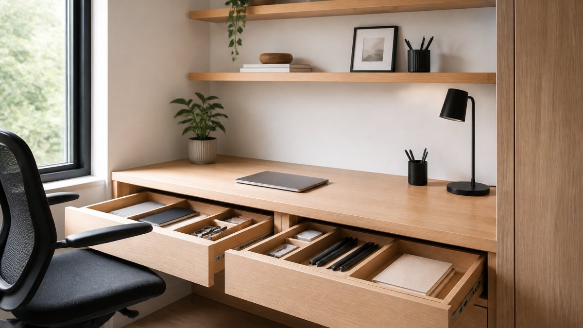 Professional home office desk with floating shelves on wall displaying minimal items, desk drawers open showing organized dividers, clear work surface with only essentials, natural window lighting from the side