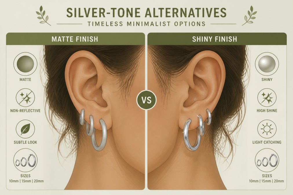 Close-up of minimalist silver hoop earrings layered on a person's ear, showing matte and shiny finishes side by side in natural daylight