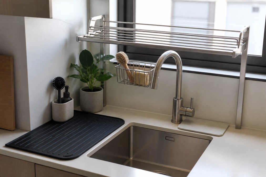 Stainless steel over-sink rack and sleek mats organizing a sink area for minimalist kitchen decor.