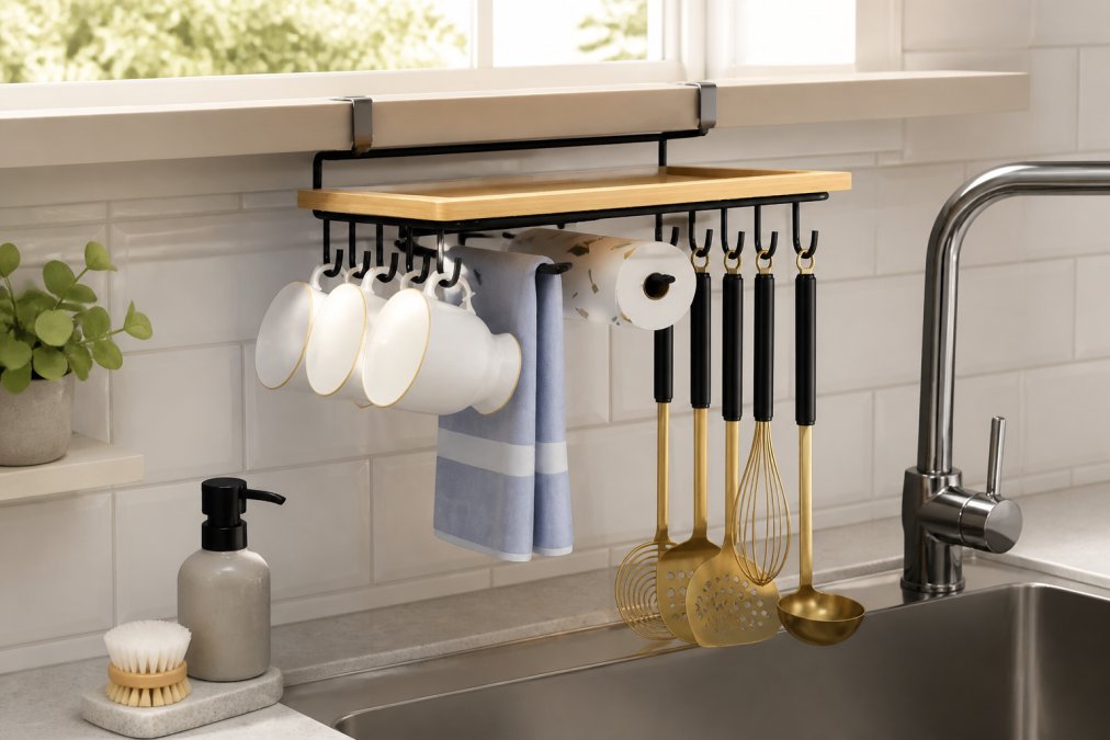 Minimalist stainless steel sink organizer with neatly arranged sponge holder, dish brush, and soap dispenser on a white subway tile backsplash, morning light streaming through window