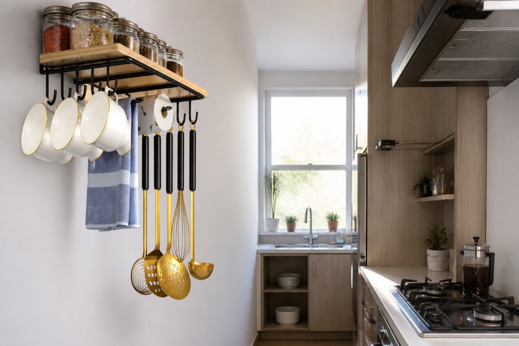 Narrow galley kitchen with wall-mounted tiered metal shelves displaying organized spices, small jars, and cooking essentials, minimalist white walls with natural light from window