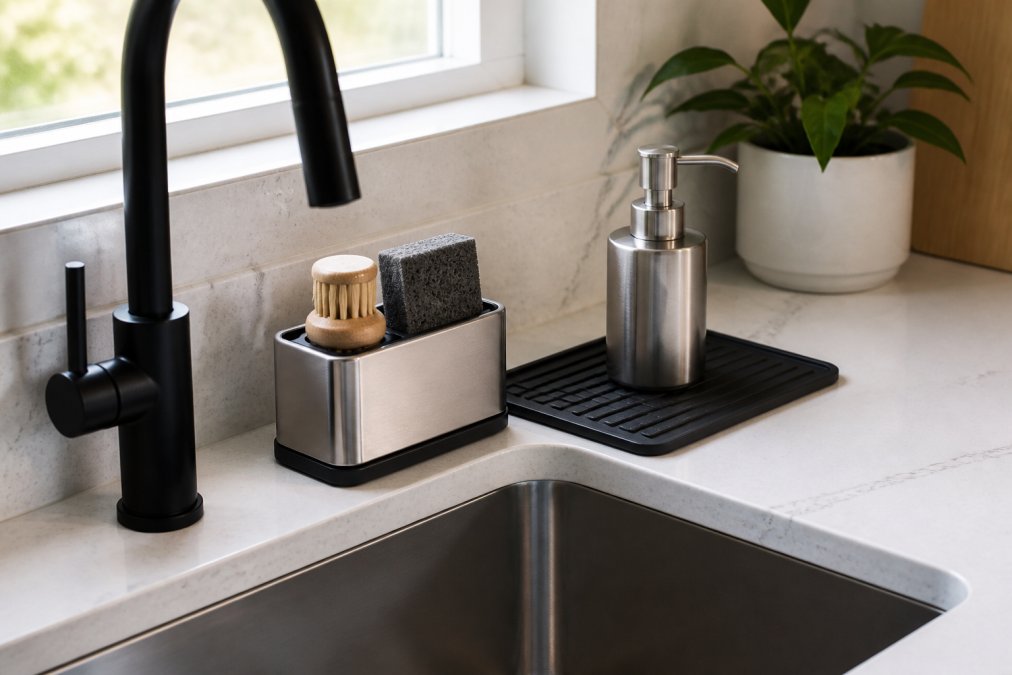 A close-up of a modern kitchen sink area with a stainless steel sponge holder, black silicone splash mat, and a sleek soap dispenser on a clean quartz countertop, with natural light highlighting the minimalist design