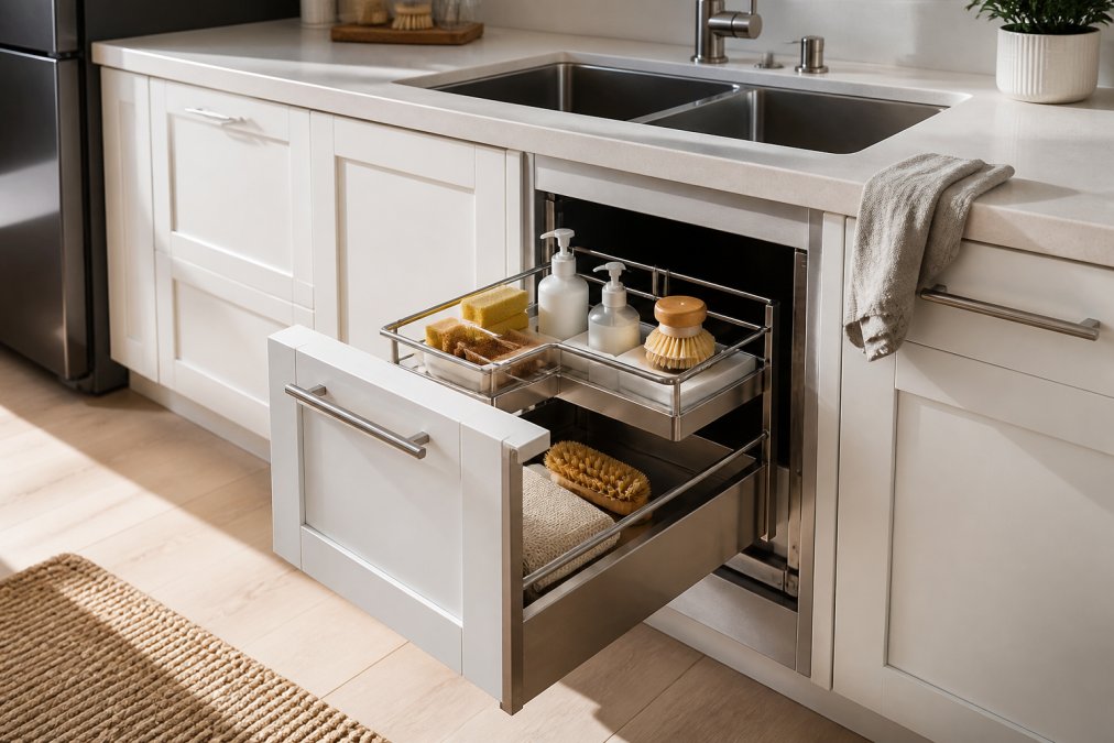 Modern kitchen sink area with stainless steel pull-out drawer organizer holding sponges, brushes, and cleaning supplies in a minimalist Scandinavian-style kitchen with natural light
