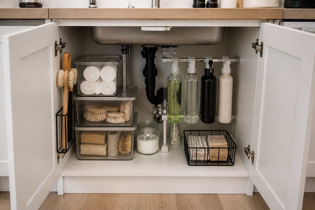 Compact under-sink cabinet in small apartment kitchen with tension rods holding spray bottles vertically, clear containers stacked efficiently, and minimal visible plumbing obstruction, organized minimalist aesthetic
