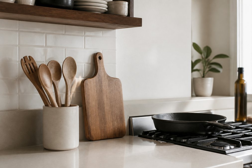 Wooden utensils, a cutting board, and a skillet in a compact kitchen.